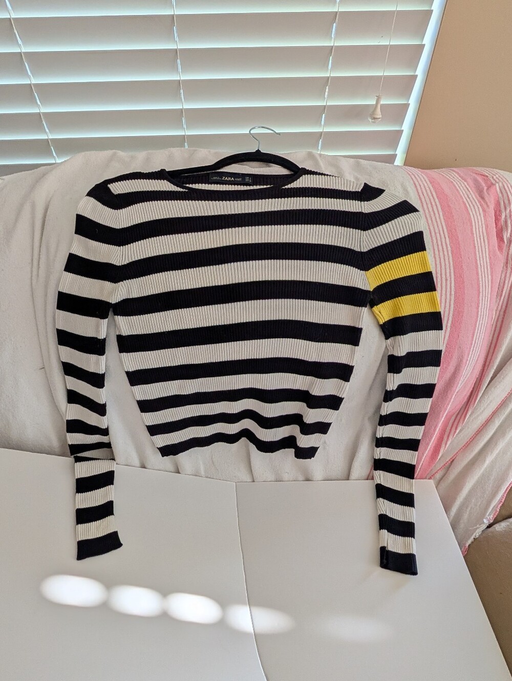 Zara Striped Black & White Long-Sleeve Knit Top with Yellow Accent